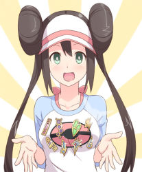 Rule 34 | 10s, 1girl, brown hair, donut hair bun, double bun, female focus, green eyes, hair bun, hyakuen raitaa, lapel pin, long hair, looking at viewer, nintendo, open mouth, pin, pokemon, pokemon bw2, raglan sleeves, rosa (pokemon), solo, twintails, visor cap
