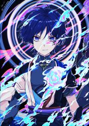 1boy antenna_hair armor arms_at_sides bad_id bad_pixiv_id black_bodysuit black_bridal_gauntlets black_kimono black_shorts black_sleeves blue_cape blue_kimono blue_sleeves blunt_ends bodysuit bridal_gauntlets bright_pupils cape covered_collarbone eyeliner eyeshadow furisode genshin_impact gold_trim highres hip_vent japanese_armor japanese_clothes juban kimono kote kurokote layered_sleeves looking_at_viewer makeup male_focus mandarin_collar open_clothes open_kimono parted_lips purple_eyes purple_hair purple_sash purple_sleeves red_eyeliner red_eyeshadow red_kimono red_sash sash scaramouche_(genshin_impact) short_sleeves shorts shoulder_peek solo split_theme straight-on sumi_noth tassel twitter_username wanderer_(genshin_impact) white_kimono white_mouth white_pupils white_sleeves