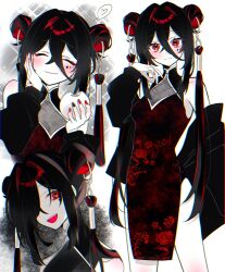 1girl steamed_bun bare_shoulders black_nails blush china_dress chinese_clothes crossed_bangs diamond_facial_mark double-parted_bangs double_bun dress facial_mark fang floral_print food hair_between_eyes hair_bun hair_intakes hair_ornament hair_over_one_eye hands_up highres holding holding_food jacket long_hair_between_eyes long_sleeves looking_at_viewer multiple_views nail_polish open_clothes open_jacket open_mouth original partially_colored red_eyes red_nails red_theme sidelocks sparkle sparkling_aura syarou tassel tassel_hair_ornament teeth upper_teeth_only