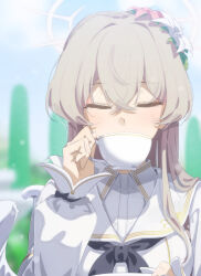 1girl absurdres black_neckerchief blue_archive blurry blurry_background blush brown_hair closed_eyes commentary_request csham cup dress drinking fingernails flower hair_flower hair_ornament halo highres holding holding_cup long_hair long_sleeves nagisa_(blue_archive) neckerchief outdoors puffy_long_sleeves puffy_sleeves solo straight_hair teacup upper_body variant_set white_dress white_wings wings