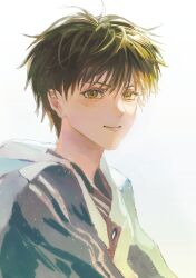 Rule 34 | 1boy, absurdres, black shirt, blonde hair, blue jacket, blush, chinese commentary, closed mouth, driedpersimmonisverydelicious, highres, hood, hood down, hooded jacket, huang shaotian, jacket, light particles, looking at viewer, male focus, quan zhi gao shou, shirt, short hair, sidelighting, simple background, smile, solo, upper body, white background, yellow eyes