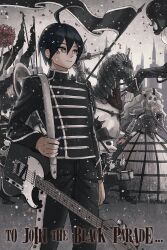 1boy 1girl ahoge armor band_uniform banner black_hair brown_eyes buttons commentary creature danganronpa_(series) danganronpa_v3:_killing_harmony dress emo_fashion english_commentary english_text flag gas_mask grey_dress grey_hair guitar hair_between_eyes highres holding holding_flag horse instrument jacket knight long_hair long_sleeves lower_eyelashes_only male_focus marching_band mask muted_color my_chemical_romance parody saihara_shuichi short_hair solo_focus standing suika_no9 the_black_parade