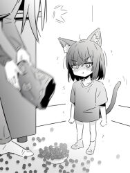 2girls animal_ears blush bowl cat_ears cat_scared_of_food_(meme) cat_tail closed_mouth commentary_request food greyscale holding holding_food kemonomimi_mode long_hair long_sleeves lwmina70119 meme miyagi_shiori monochrome multiple_girls pet_bowl pet_food sendai_hazuki shirt short_sleeves shuuniichido_classmate_wo_kau_hanashi tail tearing_up tears trembling