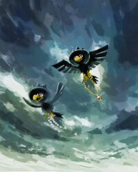 aruco_co bird broken broken_necklace closed_mouth cloud cloudy_sky flying from_below full_body gem gen_2_pokemon glint gold_necklace highres holding_with_feet jewelry murkrow necklace nintendo no_humans open_mouth outdoors pearl_necklace pokemon pokemon_(creature) red_eyes sky theft