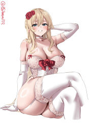 1girl arm_behind_head arm_support arm_up artist_name bare_shoulders blonde_hair blush braid breasts choker cleavage collarbone commentary_request crossed_legs ebifurya elbow_gloves flower gloves hair_between_eyes hair_flower hair_ornament highres invisible_chair kantai_collection large_breasts long_hair looking_at_viewer one-hour_drawing_challenge red_flower red_rose rose shiny_skin sidelocks simple_background sitting skindentation smile solo thick_thighs thighhighs thighs twitter_username warspite_(kancolle) white_background white_choker white_gloves white_thighhighs