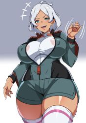 1girl absurdres alternate_breast_size artist_request asticassia_school_uniform breasts curvy dark_skin fingernails from_below gundam gundam_suisei_no_majo happy highres jacket large_breasts leotard leotard_under_clothes lips looking_at_viewer open_clothes open_jacket open_mouth school_uniform secelia_dote shiny_skin short_shorts shorts skin_tight skindentation smile thick_thighs thighhighs thighs transparent_background white_thighhighs wide_hips