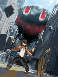 Rule 34 | asakura teppei, black skin, car door, city, colored skin, concrete, dappled sunlight, debris, destruction, facing away, fernandez, from behind, giant, headband, kasutank, m.u.g.e.n, motion blur, orange sleeves, original, perspective, red eyes, road, street, sunlight, two-tone shirt, waku waku 7, white headband