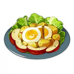 apple apple_slice artist_request commentary egg egg_(food) english_commentary food food_focus fruit game_cg genshin_impact hardboiled_egg lettuce lowres no_humans official_art plate potato salad simple_background still_life third-party_source transparent_background