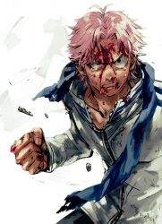 Rule 34 | 1boy, blood, blood on clothes, blood on face, blood on hands, clenched hand, collarbone, grimace, jacket, kalk0011, koby (one piece), male focus, one piece, pink hair, scarf, solo, torn clothes, torn scarf, white background, white jacket