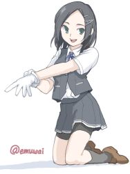1girl bike_shorts black_hair blue_ribbon collared_shirt dress_shirt emuwai gloves green_eyes grey_vest kantai_collection kuroshio_(kancolle) kuroshio_kai_ni_(kancolle) looking_at_viewer neck_ribbon one-hour_drawing_challenge open_mouth pleated_skirt ribbon school_uniform shirt short_hair short_sleeves shorts shorts_under_skirt simple_background skirt smile solo twitter_username upper_body vest white_background white_gloves white_shirt