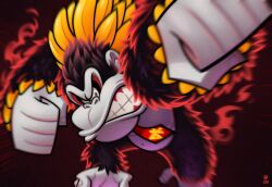 aura banana blurry clenched_hands clenched_teeth colored_skin commentary dated donkey_kong donkey_kong_(series) donkey_kong_bananza english_commentary food fruit gorilla grey_skin highres incoming_attack incoming_punch kong_bananza necktie nintendo nostrils punching red_necktie solo teeth wazzaldorp