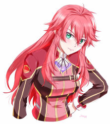 ahoge artist_name bow bowtie breasts double-parted_bangs eiyuu_densetsu green_eyes hair_between_eyes hand_on_own_hip large_breasts long_hair long_sidelocks long_sleeves portrait red_hair school_uniform sen_no_kiseki sen_no_kiseki_(series) sen_no_kiseki_iv shirley_orlando sidelocks simple_background smile thors_military_academy_class_vii_uniform upper_body white_background xiacheng_tatsuya