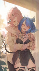 2girls absurdres animal_ears bird_ears black_choker blue_hair choker chrisdasa closed_eyes cow_ears cow_horns cow_tail demon_girl demon_tail ear_piercing hand_tattoo happy highres horns intertwined_tails jewelry legwear_garter multiple_girls multiple_tails nose_piercing nose_ring open_mouth original piercing pink_hair ring skindentation sweater tail tattoo teeth thighhighs tongue
