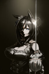Rule 34 | 1girl, animal ears, bare shoulders, black hair, blue eyes, breasts, dark background, eishin flash (umamusume), foil (fencing), german clothes, highres, holding, horse ears, inishie kumo, large breasts, medium hair, solo, umamusume, upper body