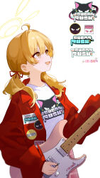 1girl absurdres ahoge blonde_hair blue_archive coat commentary_request eco_376124 electric_guitar fender_stratocaster guitar hair_ribbon halo highres holding holding_plectrum instrument logo long_hair looking_up official_alternate_costume pink_skirt plectrum print_shirt red_coat ribbon shirt simple_background skirt solo twintails white_background white_shirt yoshimi_(band)_(blue_archive) yoshimi_(blue_archive)
