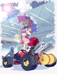 1girl absurdres alternate_costume blonde_hair blue_eyes breasts crowd gloves highres jacket large_breasts legs looking_at_viewer mario_(series) mario_kart midriff navel nintendo one_eye_closed open_clothes open_jacket pink_lips ponytail princess princess_peach race_queen skirt thighs thong thumbs_up umbrella whale_tail_(clothing) wink