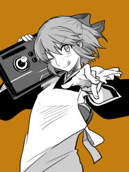 1girl apron arcade_stick blush bow controller game_controller hair_bow joystick kohaku_(tsukihime) maid maid_headdress melty_blood melty_blood:_type_lumina metarogu monochrome one_eye_closed pointing pointing_at_viewer short_hair tongue tongue_out tsukihime tsukihime_(remake)