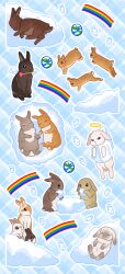 animal animal_focus blue_background closed_eyes cloud flower halo heart holding honto_pic lying mouth_hold no_humans original plaid_background rabbit rainbow sheep smoking