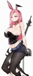 1girl absurdres animal_ear_hairband animal_ears arm_support belt black_corset black_tube_top blush breasts chair cleavage corset cross-laced_clothes cross-laced_corset bass_guitar fake_animal_ears hairband highres hololive hololive_english jewelry large_breasts long_hair mori_calliope mori_calliope_(rock_bunny) necklace official_alternate_costume official_alternate_hairstyle open_mouth pantyhose pink_hair rabbit_ear_hairband rabbit_ears red_eyes rieko_(kuusairieko) shiny_skin shorts simple_background sitting skull_necklace solo strapless sweat torn_clothes torn_pantyhose tube_top virtual_youtuber white_background