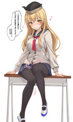 1girl amagi_(amagi626) black_hat black_pantyhose black_sailor_collar blonde_hair blue_skirt blush breasts cardigan closed_mouth desk earrings full_body grey_cardigan hat heart highres jewelry large_breasts long_hair long_sleeves looking_at_viewer matara_okina miniskirt neckerchief nose_blush on_desk pantyhose pleated_skirt red_neckerchief sailor_collar school_uniform serafuku shoes sitting skirt smile solo speech_bubble touhou translation_request white_background white_shoes yellow_eyes