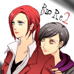 Rule 34 | 2girls, black hair, blue eyes, brown hair, claire redfield, earrings, jacket, jewelry, lips, long hair, makeup, moira burton, multiple girls, nose, ponytail, resident evil, resident evil: revelations 2, short hair, sideburns, upper body
