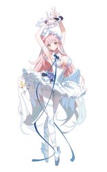 1girl absurdres armpits arms_up ballet_dress ballet_slippers blue_archive blue_bow blue_shoes blush bow breasts capelet cleavage closed_mouth dress feathered_wings flower hair_ornament hair_scrunchie hairband highres lolita_hairband long_hair looking_at_viewer memdic_(srs00108) mika_(blue_archive) pantyhose purple_flower scrunchie shoes sidelocks smile solo white_capelet white_dress white_hairband white_pantyhose white_scrunchie wings yellow_eyes