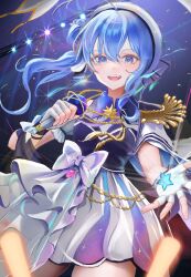 1girl absurdres beckoning beret blue_eyes blue_hair blue_shirt bow brooch collared_shirt commentary_request concert detached_sleeves double-parted_bangs earrings epaulettes fingerless_gloves gloves glowstick hair_between_eyes hair_bun hat high-waist_skirt highres holding holding_microphone hololive hoshimachi_suisei hoshimachi_suisei_(old_design)_(dress-up_ver.) idol idol_clothes jewelry looking_at_viewer microphone nail_polish object_floating_above_hand official_alternate_costume one_eye_closed open_mouth penlight_(glowstick) puffy_detached_sleeves puffy_short_sleeves puffy_sleeves shirt short_sleeves side_cape side_ponytail side_up_bun single_detached_sleeve single_earring single_epaulette single_sidelock skirt smile solo stage star_(symbol) star_brooch star_in_eye symbol_in_eye tk@illustration virtual_youtuber waist_bow white_gloves white_hat white_skirt