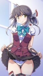 Rule 34 | 1girl, 547th sy, ahoge, blue bow, blue bowtie, bow, bowtie, brown skirt, brown vest, clothes lift, commentary request, gluteal fold, grey hair, grey thighhighs, hair ribbon, hayanami (kancolle), highres, kantai collection, looking at viewer, original remodel (kantai collection), panties, pleated skirt, ponytail, purple vest, ribbon, school uniform, seamed legwear, shirt, short hair, side-seamed legwear, sidelocks, skirt, skirt lift, solo, thighhighs, underwear, vest, wavy mouth, white panties, white ribbon, white shirt, window, yellow eyes