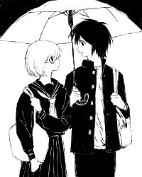 2boys 97ttwwaazz absurdres bag cowboy_shot crossdressing gakuran glasses greyscale highres holding holding_bag holding_umbrella looking_at_another male_focus monochrome multiple_boys randal&#039;s_friends school_uniform shared_umbrella short_hair shoulder_bag skirt trap tsukada_satoru umbrella white_background yamada_(randal&#039;s_friends)