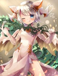 Rule 34 | 1girl, ;p, absurdres, bare shoulders, blonde hair, blue eyes, blush, clock, clock hands, cowboy shot, dragon girl, dragon horns, dragon wings, dress, female focus, gears, hair ribbon, heart, highres, horns, myr (p&amp;d), one eye closed, puzzle &amp; dragons, ribbon, rushin, scales, short hair, signature, solo, tongue, tongue out, white dress, wings