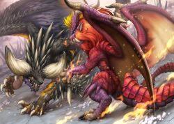 animal_focus blue_eyes claws colored_sclera commentary_request debris dragon embers fire kemonomichi_(blue_black) monster_hunter:_world monster_hunter_(series) nergigante no_humans open_mouth outdoors sharp_teeth teeth teostra yellow_sclera
