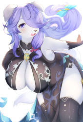 1girl animal_ears animal_hands bare_shoulders black_bra blue_ribbon blush bra breasts cleavage_window colored_skin detached_collar dog dog_ears dress fang furry hair_over_one_eye hair_ribbon hand_on_own_chest highres large_breasts long_hair looking_at_viewer multicolored_skin narume open_mouth original purple_eyes purple_hair ribbon sleeveless sleeveless_dress smile snout thick_thighs thighhighs thighs two-tone_skin underwear very_long_hair white_skin