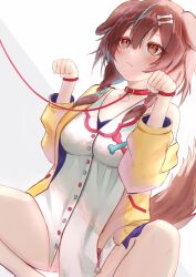 animal_ears bottomless bracelet brown_hair collar dog_ears dog_girl dog_tail hair_ornament highres hololive inugami_korone inugami_korone_(1st_costume) jewelry leash lucien_000298 multicolored_hair paw_pose simple_background squatting streaked_hair tail