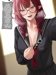 1girl aqua_eyes black-framed_eyewear black_sailor_collar black_serafuku black_skirt bloom_(irys) blurry blurry_background braid breasts clothes_lift collarbone english_text fangs flower glasses gloom_(irys) hair_flower hair_ornament heavy_breathing highres hololive hololive_english irys_(gaming_casual)_(hololive) irys_(hololive) large_breasts long_hair long_sleeves looking_at_viewer multicolored_hair necktie open_mouth pink_eyes pointy_ears red_hair red_necktie round_eyewear sailor_collar school_uniform serafuku shirt_lift si_farid skirt smile solo speech_bubble streaked_hair sweat teeth twin_braids two-tone_hair underwear virtual_youtuber