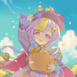 1girl adversarial_noise animal animal_on_head arm_up bamboo_shoot basket bird bird_on_head black_nails commentary_request dated day fingernails flower genshin_impact hat holding holding_basket karanashi_mari long_hair long_sleeves looking_at_viewer nail_polish ofuda ofuda_on_head on_head open_mouth outdoors purple_eyes purple_flower purple_hair purple_hat qingdai_guanmao qingxin_flower qiqi_(genshin_impact) solo teeth twitter_username upper_teeth_only very_long_hair violetgrass white_flower yellow_bird