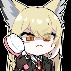 1girl acomu414 animal_ear_fluff animal_ears animated animated_gif arknights black_gloves black_jacket black_vest blonde_hair braid chibi closed_mouth collared_shirt eyes_visible_through_hair fox_ears gloves hair_brush hand_up holding jacket long_hair long_sleeves looking_at_viewer open_clothes open_jacket orange_eyes shirt simple_background solo sweat thick_eyebrows transparent_background upper_body v-shaped_eyebrows vest vulpisfoglia_(arknights) white_shirt