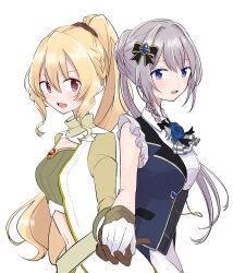 Rule 34 | 2girls, absurdres, ascot, back-to-back, bare arms, bare shoulders, black bow, black corset, black ribbon, blonde hair, blue eyes, blue flower, blue gemstone, blue rose, blue vest, bow, braid, brooch, brown gloves, brown scrunchie, chest jewel, clothing cutout, collar, collarbone, collared shirt, collared vest, commentary request, corset, crop top, cropped torso, cross hair ornament, detached collar, dot nose, dress, flower, flower brooch, frilled collar, frilled shirt, frills, gem, gloves, green collar, green shirt, grey ascot, grey hair, hair between eyes, hair bow, hair bun, hair intakes, hair ornament, hair scrunchie, happy, high collar, high ponytail, highres, holding hands, jewelry, lapels, light blush, long hair, long sleeves, looking at viewer, magia record: mahou shoujo madoka magica gaiden, magical girl, mahou shoujo madoka magica, multiple girls, nape braid, navel, neck ribbon, notched lapels, open clothes, open dress, open mouth, open vest, pink eyes, ponytail, red gemstone, ribbon, rose, scrunchie, shirt, shirt under dress, side braid, simple background, single braid, single hair bun, sleeveless, sleeveless dress, sleeveless shirt, smile, stomach cutout, tareme, togame momoko, two-sided vest, ultimate magnum, very long hair, vest, white background, white dress, white gloves, white shirt, yakumo mitama