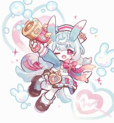 Rule 34 | 1girl, ;d, blue dress, blue hair, blush stickers, bow, bowtie, brown shoes, bubble, cardiogram, commentary, dress, full body, genshin impact, gun, harukui, hat, highres, holding, holding gun, holding weapon, long hair, long sleeves, looking at viewer, nurse cap, one eye closed, open mouth, pantyhose, red bow, red bowtie, shoes, sigewinne (genshin impact), simple background, smile, solo, weapon, white background, white hat, white pantyhose