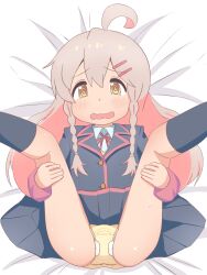 1girl @_@ ahoge akatsuki_no_guuru ass blush braid clothes_lift embarrassed female_focus hair_ornament hairclip legs_up loli long_hair looking_at_viewer lying menstrual_pad on_back onii-chan_wa_oshimai! open_mouth oyama_mahiro panties presenting school_uniform skirt skirt_lift socks solo spread_legs sweat underwear yellow_eyes yellow_panties