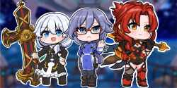 Rule 34 | &gt;:), 3girls, :d, absurdres, arm behind back, asymmetrical footwear, black dress, black gloves, black leotard, black pants, black pantyhose, blue eyes, blue jacket, blurry, blurry background, blush, boots, breasts, brown boots, brown eyes, chibi, cleavage, closed mouth, commentary request, cross, depth of field, dress, fold-over boots, fu hua, fu hua (valkyrie accipiter), glasses, gloves, grey hair, hand on own hip, hand up, highres, holding, holding sword, holding weapon, honkai (series), honkai impact 3rd, jacket, juliet sleeves, leotard, long sleeves, looking at viewer, medium breasts, medium hair, mokkyo (motkyo), multiple girls, murata himeko, open mouth, outline, over shoulder, pants, pantyhose, parted bangs, petticoat, puffy sleeves, red-framed eyewear, red boots, red hair, smile, standing, sword, sword over shoulder, theresa apocalypse, theresa apocalypse (valkyrie pledge), v-shaped eyebrows, weapon, weapon over shoulder, white outline