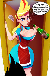 1girl alcohol apron blonde_hair blue_eyes breasts door dress drink eyebrows eyelashes highres holding johnny_test lips lipstick makeup mature_female mrs._bladely nipple_slip nipples no_bra standing thehumancopier