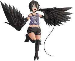 1boy belt black_bra black_feathers black_hair black_wings bra choker clothes_writing commentary english_commentary fang feathered_wings feathers freckles green_eyes grey_tank_top hair_between_eyes harpy_boy highres holding holding_microphone jae_(kt80at) kt80at male_focus microphone midriff monster_boy navel open_mouth original short_hair short_shorts shorts simple_background solo sports_bra standing standing_on_one_leg studded_choker talons tan tank_top torn_clothes torn_shorts trap underwear white_background winged_arms wings