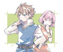 1boy 1girl bare_shoulders bartz_klauser belt blue_tunic blush bob_cut border bracer breasts brown_belt brown_hair closed_eyes closed_mouth collared_shirt dress final_fantasy final_fantasy_v giggling green_background hand_on_own_hip hand_to_own_mouth lenna_charlotte_tycoon medium_breasts michibata_65 orange_dress parted_lips pink_hair rubbing_neck shirt short_hair smile tunic upper_body white_border white_shirt