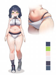 1girl absurdres bare_shoulders bikini black_socks blue_hair blush breasts color_guide commentary english_commentary green_eyes highres large_breasts me_o_wy multiple_views navel original parted_lips shoes simple_background sneakers socks swimsuit twintails white_background