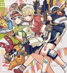 2girls anby_demara anby_demara_(operation_yum_2025) bandaid bandaid_on_leg black_skirt blonde_hair burnice_white burnice_white_(operation_yum_2025) eous_(zenless_zone_zero) flamethrower food green_shirt grey_hair highres holding holding_flamethrower holding_plate holding_weapon knee_pads medium_hair multiple_girls official_alternate_costume one_eye_closed pizza plate rabb_horn red_eyes red_shirt red_shoes shirt shoes skirt smile socks thigh_strap tongue tongue_out twintails weapon white_socks zenless_zone_zero