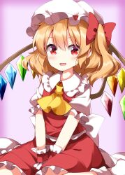 1girl :d ascot blonde_hair blush bow collared_shirt commentary cowboy_shot crystal flandre_scarlet frilled_shirt_collar frilled_skirt frills hair_bow hat hat_ribbon highres looking_at_viewer mob_cap multicolored_wings open_mouth pink_background red_bow red_eyes red_ribbon red_skirt red_vest ribbon ruu_(tksymkw) shirt short_hair short_sleeves skirt skirt_set smile solo touhou vest white_hat white_shirt wings yellow_ascot