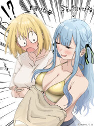 2girls bang_dream! bang_dream!_it&#039;s_mygo!!!!! bikini black_ribbon blonde_hair blue_hair breasts cleavage commentary_request gold_bikini hair_ribbon highres large_breasts long_hair medium_hair misumi_uika multiple_girls nagomu_7_56 ribbon shirt short_sleeves sidelocks swimsuit togawa_sakiko translation_request undressing white_shirt yuri