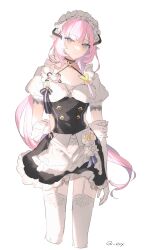 Rule 34 | 1girl, absurdres, arm behind back, black dress, blue eyes, closed mouth, commentary, cropped legs, dress, elbow gloves, elysia (honkai impact), elysia (miss pink) (honkai impact), elysia (miss pink elf) (honkai impact), eve (meltdown), frilled gloves, frills, garter straps, gloves, hand on own elbow, highres, honkai (series), honkai impact 3rd, long hair, looking at viewer, maid, pink hair, pointy ears, puffy short sleeves, puffy sleeves, short sleeves, simple background, smile, solo, thighhighs, twitter username, very long hair, white background, white gloves, white thighhighs