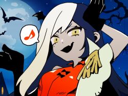 Rule 34 | 1girl, ado (utaite), bat (animal), black gloves, blue hair, cloud nine inc, colored skin, commentary request, fang, gloves, grey skin, long hair, looking at viewer, lugosi (ado), mole, mole under eye, moon, multicolored hair, musical note, no eyepatch, open mouth, orange shirt, riseno, shirt, show (ado), sidelocks, skin fang, sleeveless, sleeveless shirt, solo, split-color hair, spoken musical note, two-tone hair, upper body, white hair, yellow eyes