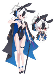 1girl 82jhin absurdres alternate_costume alternate_hairstyle animal_ear_hairband animal_ears black_choker black_hairband black_hat black_jacket black_leotard black_necktie black_shoes blue_archive cane chibi choker detached_collar ear_piercing fake_animal_ears hair_between_eyes hair_bun hairband hat highleg highleg_leotard highres holding holding_cane jacket jacket_on_shoulders kayoko_(blue_archive) leotard multicolored_hair necktie piercing playboy_bunny rabbit_ear_hairband rabbit_ears red_eyes shoes sidelocks solo strapless strapless_leotard thigh_strap two-tone_hair white_hair wrist_cuffs